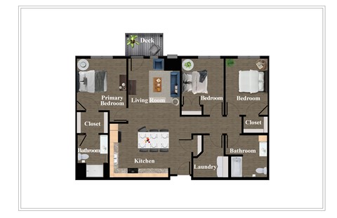 A floor plan of a house with a deck, two bedrooms, a living room, two bathrooms, a kitchen, and a laundry room.